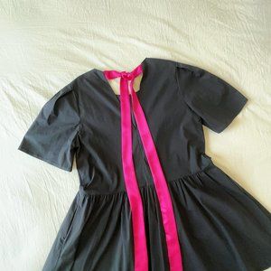 Hot Pink Silky Self-Tie Collar Puff Sleeves Relaxed Short Dress Black A-line Con